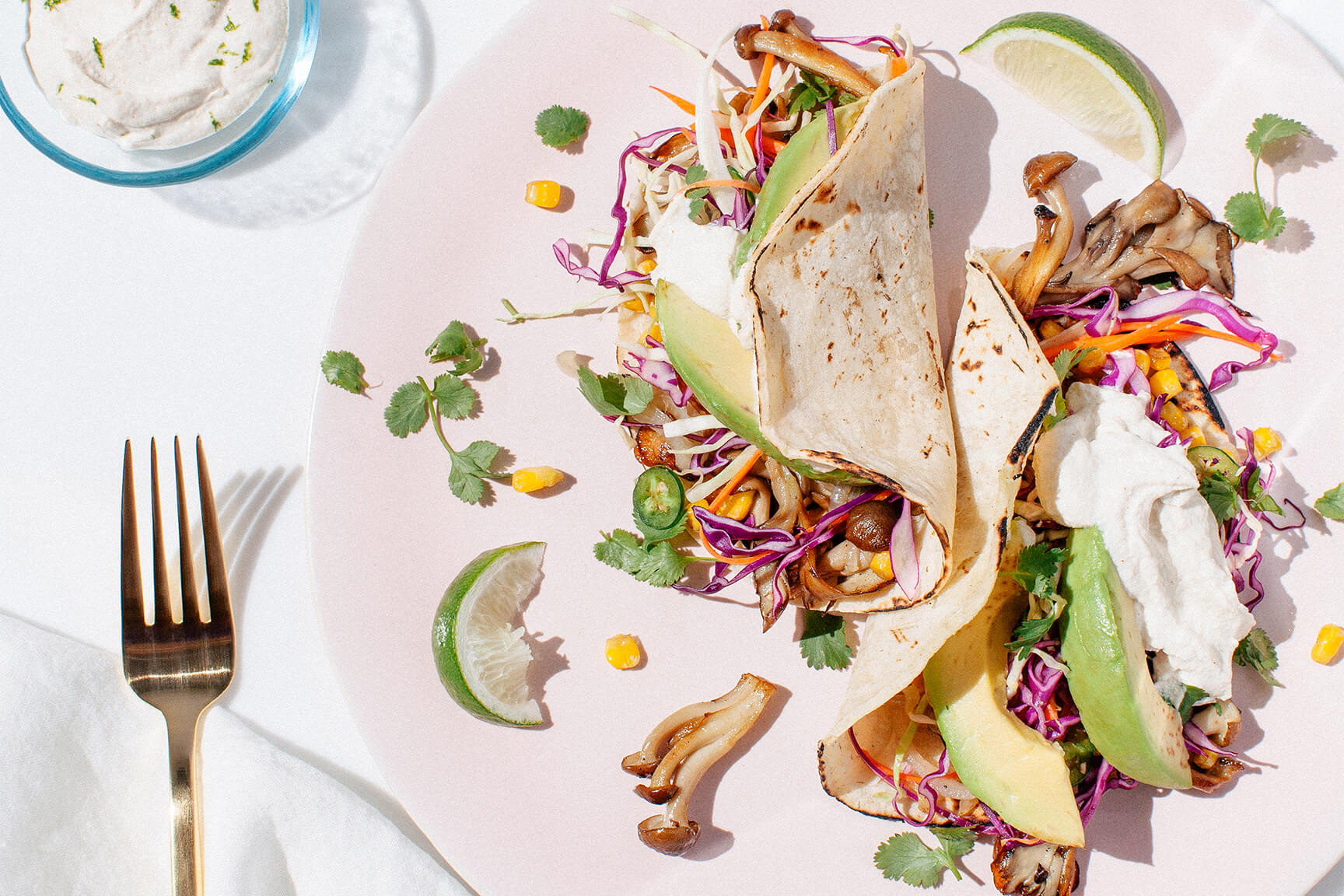 Wild Mushroom + Corn Tacos with Spicy Slaw and Cashew Crema